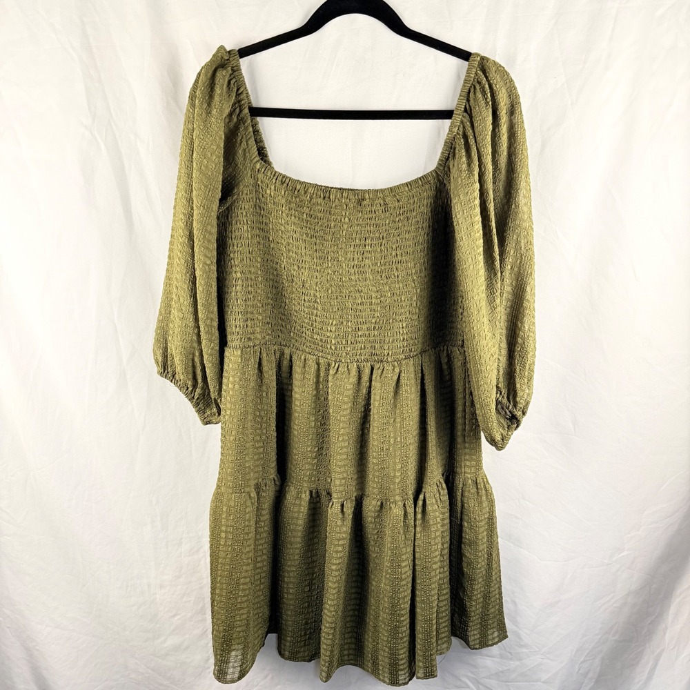 Maison Tara‎ Smocked Olive Green Tiered Fit & Flare Dress 14 Sheer Fairy Grunge
